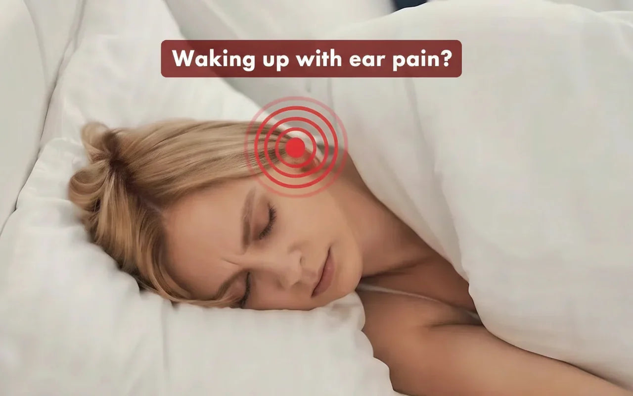 Woman lying in bed with pained expression, red target indicating ear pain, text reads 'Waking up with ear pain?'